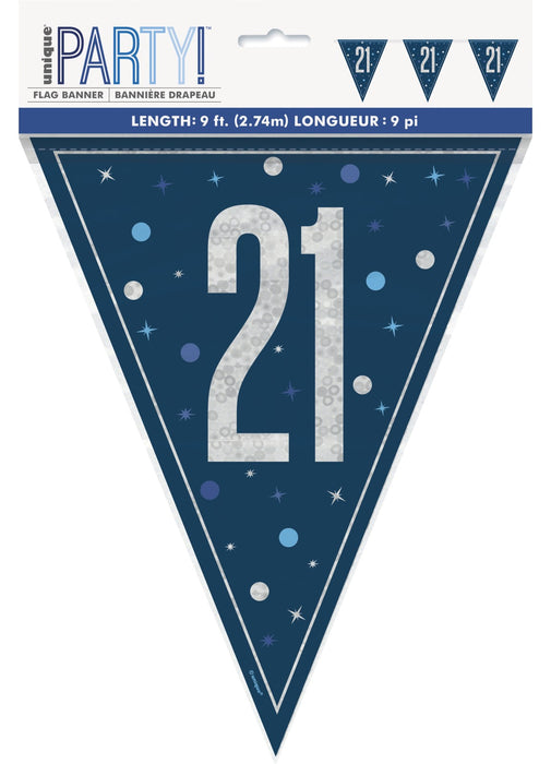 Blue Glitz 21st Birthday Flag Banner
