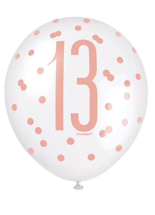 Rose Gold Glitz 13th Birthday Latex Balloons 6pk