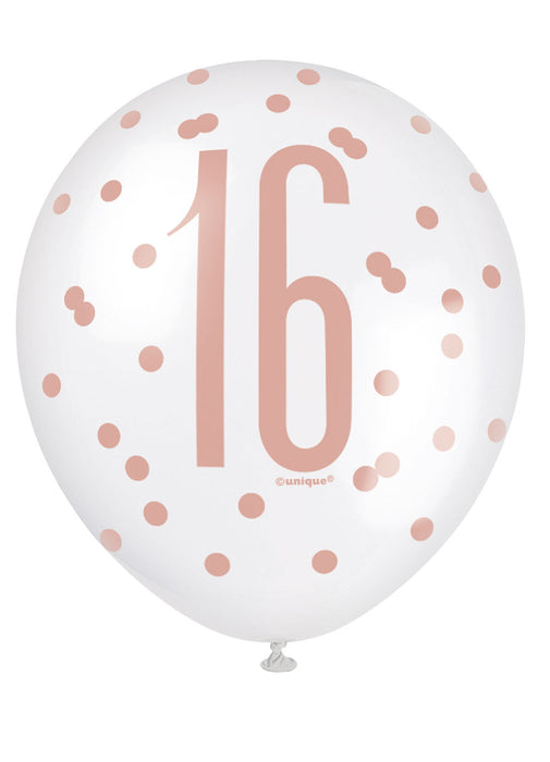 Rose Gold Glitz 16th Birthday Latex Balloons 6pk