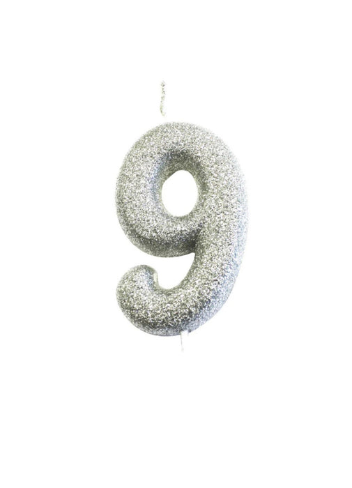 Silver Glitter Number 9 Candle