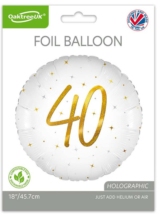 40th Birthday White & Gold Balloon