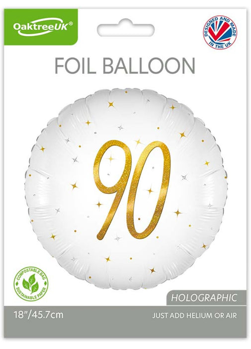 90th Birthday White & Gold Balloon