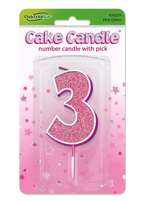Pink Glitter Number 3 Candle