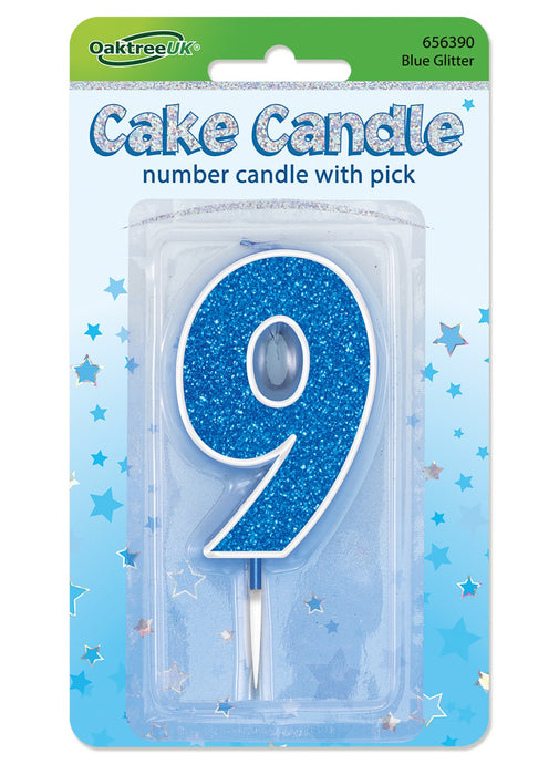 Blue Glitter Number 9 Candle