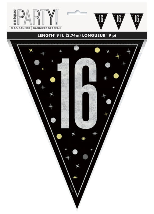 Black Glitz 16th Birthday Flag Banner