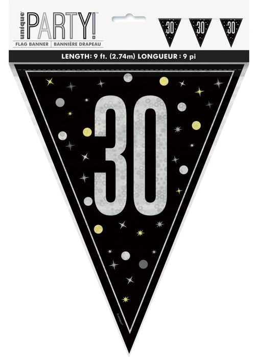 Black Glitz 30th Birthday Flag Banner