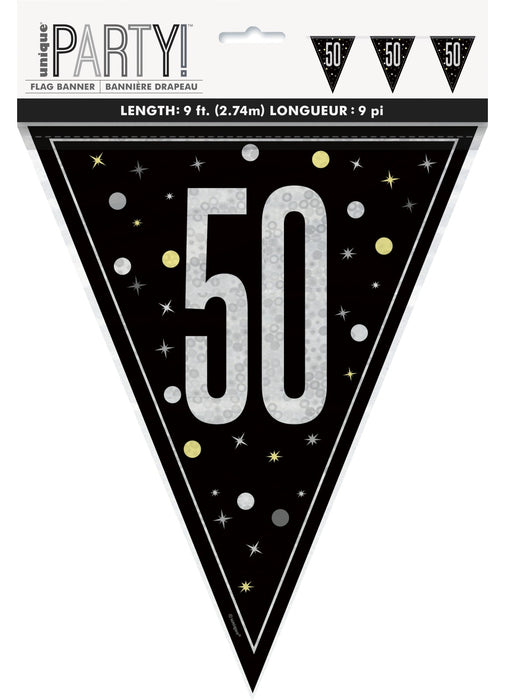 Black Glitz 50th Birthday Flag Banner