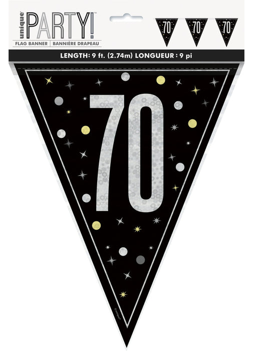 Black Glitz 70th Birthday Flag Banner
