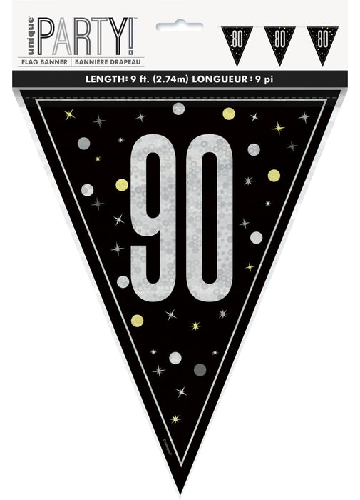 Black Glitz 90th Birthday Flag Banner