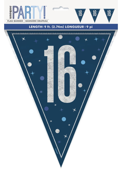 Blue Glitz 16th Birthday Flag Banner
