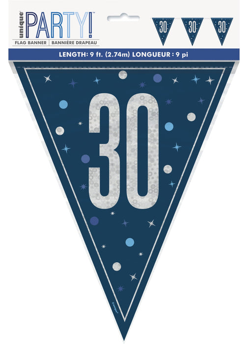 Blue Glitz 30th Birthday Flag Banner