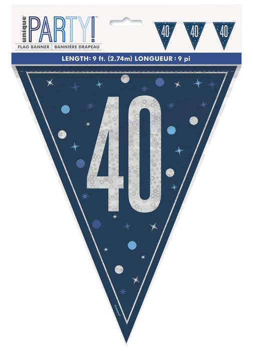 Blue Glitz 40th Birthday Flag Banner