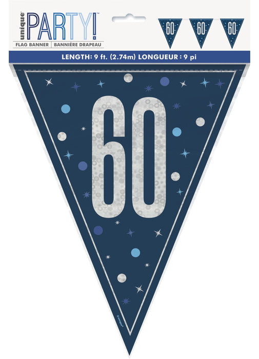 Blue Glitz 60th Birthday Flag Banner