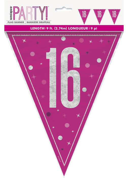 Pink Glitz Age 16 Flag Banner