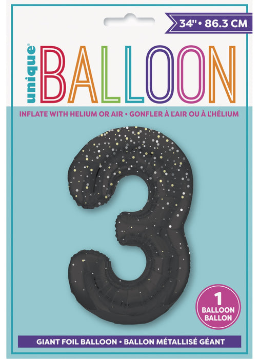 Number 3 Black Glitz Foil Balloon