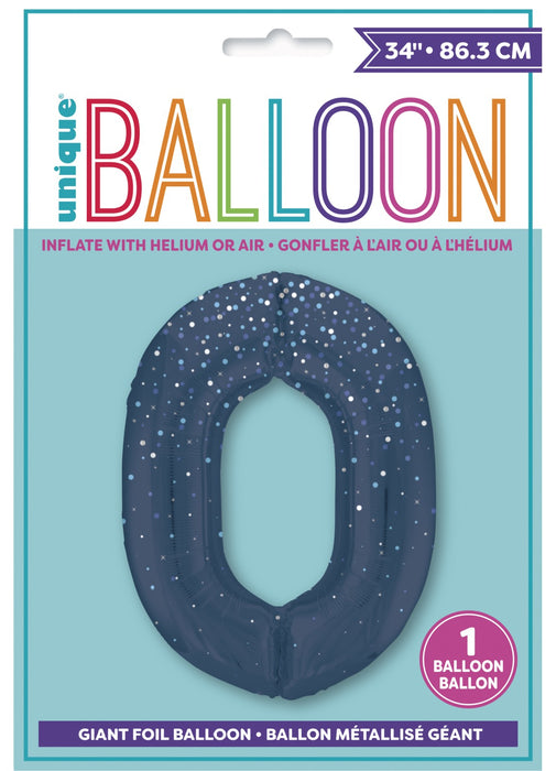 Number 0 Blue Glitz Foil Balloon