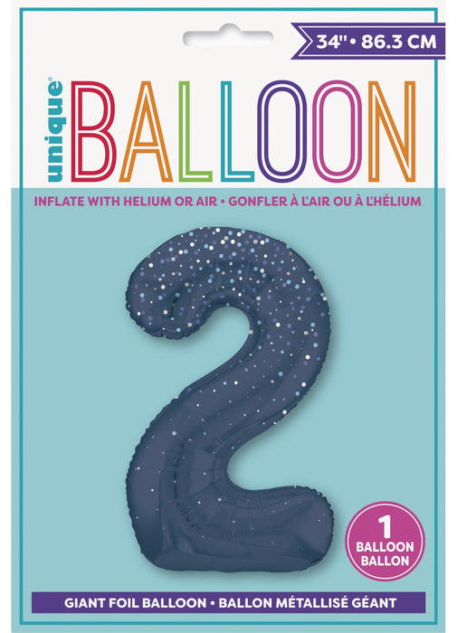 Number 2 Blue Glitz Foil Balloon