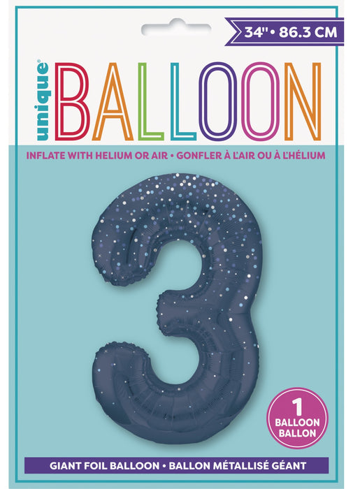 Number 3 Blue Glitz Foil Balloon