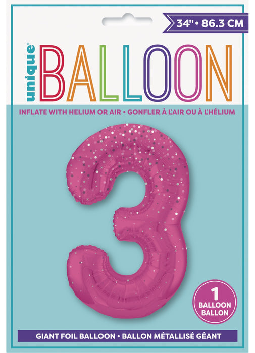 Number 3 Pink Glitz Foil Balloon