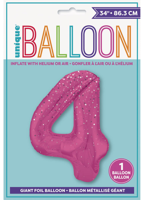 Number 4 Pink Glitz Foil Balloon