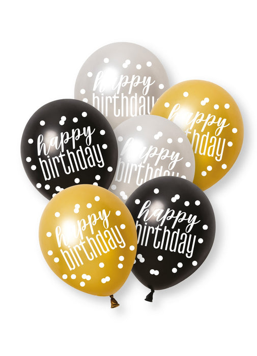 Black Glitz Happy Birthday Latex Balloons 6pk