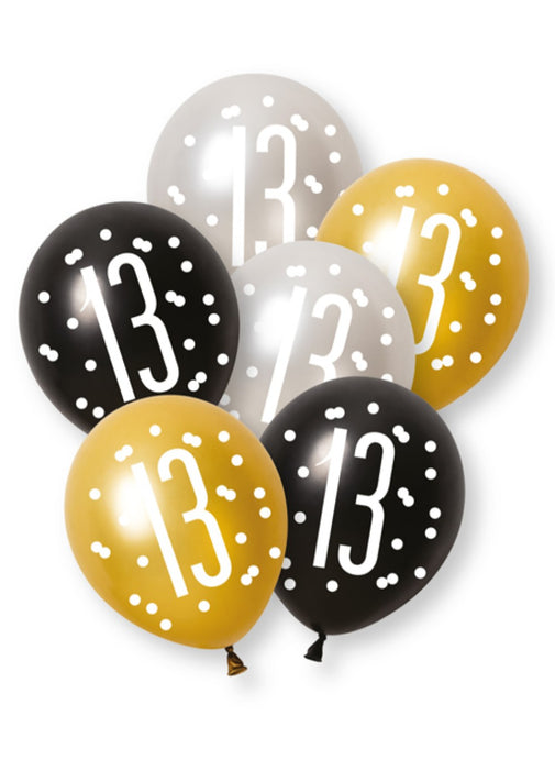 Black Glitz 13th Birthday Latex Balloons 6pk