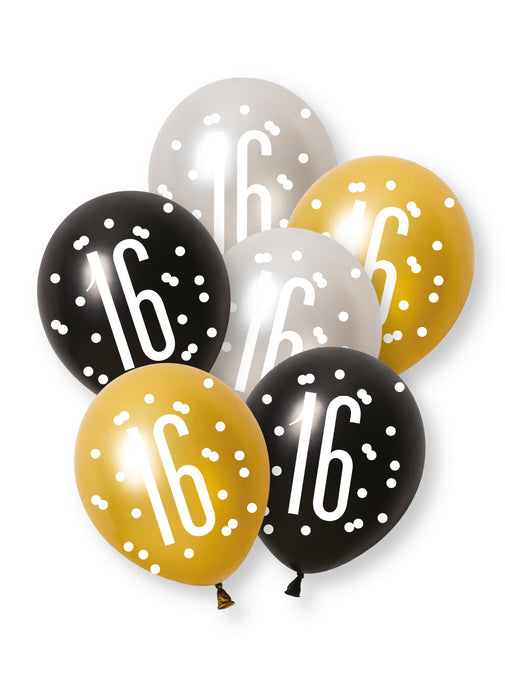 Black Glitz 16th Birthday Latex Balloons 6pk