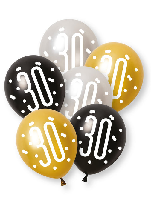 Black Glitz 30th Birthday Latex Balloons 6pk