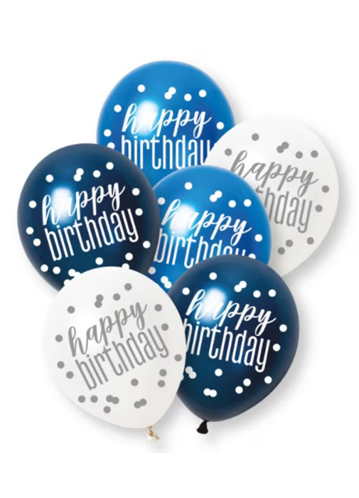 Blue Glitz Happy Birthday Latex Balloons 6pk
