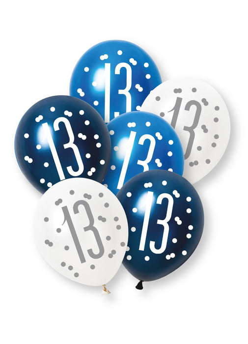 Blue Glitz 13th Birthday Latex Balloons 6pk
