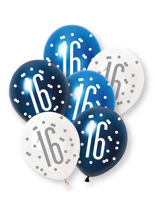 Blue Glitz 16th Birthday Latex Balloons 6pk