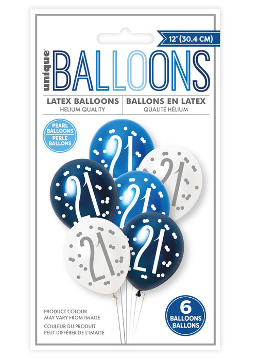 Blue Glitz 21st Birthday Latex Balloons 6pk
