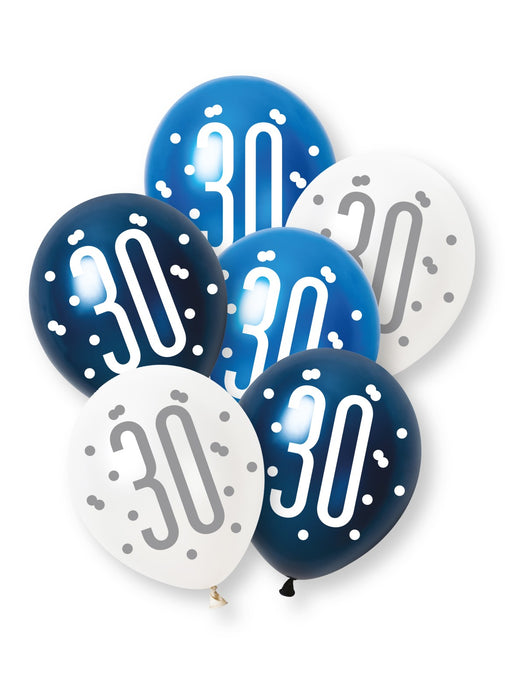 Blue Glitz 30th Birthday Latex Balloons 6pk