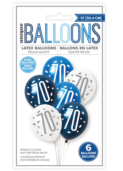 Blue Glitz 70th Birthday Latex Balloons 6pk