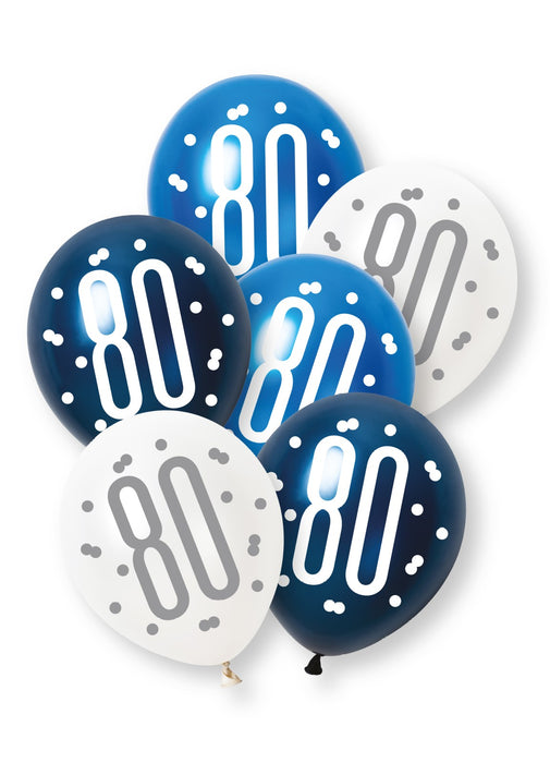 Blue Glitz 80th Birthday Latex Balloons 6pk