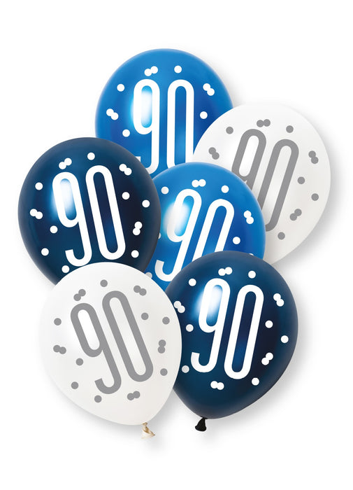 Blue Glitz 90th Birthday Latex Balloons 6pk