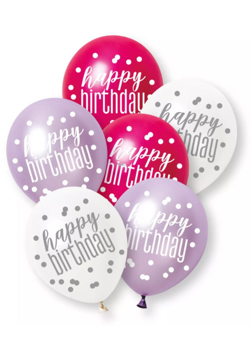 Pink Glitz Happy Birthday Latex Balloons 6pk