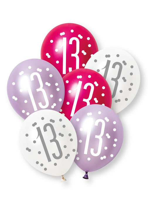 Pink Glitz 13th Birthday Latex Balloons 6pk