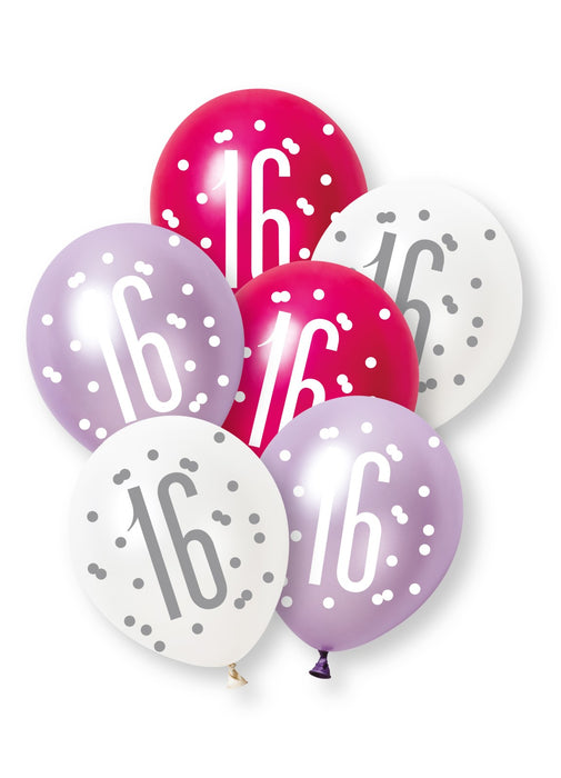 Pink Glitz 16th Birthday Latex Balloons 6pk