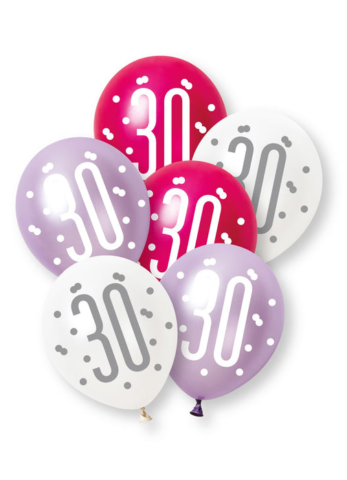 Pink Glitz 30th Birthday Latex Balloons 6pk