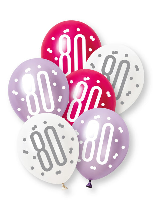 Pink Glitz 80th Birthday Latex Balloons 6pk