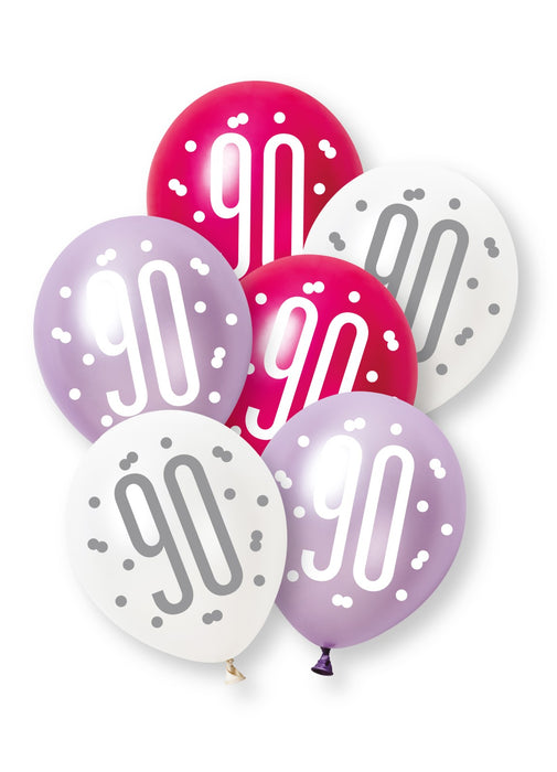 Pink Glitz 90th Birthday Latex Balloons 6pk