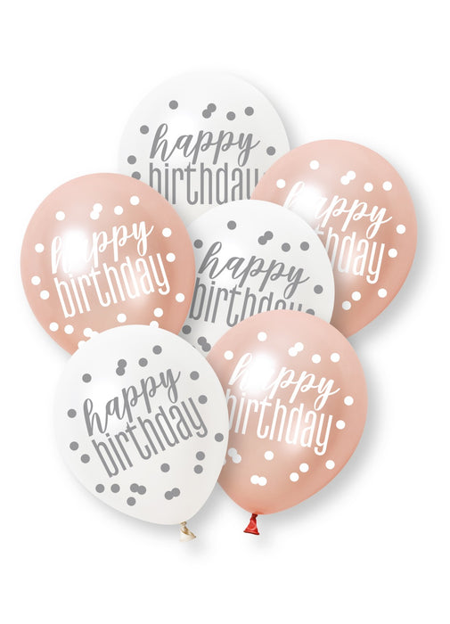 Rose Gold Glitz Happy Birthday Latex Balloons 6pk