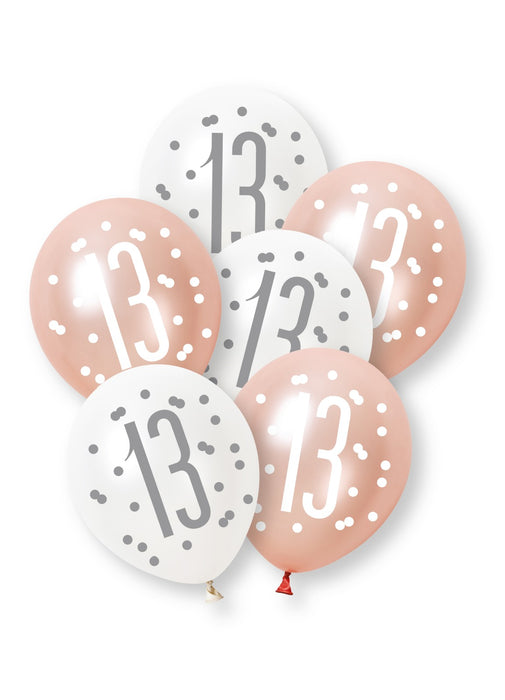 Rose Gold Glitz 13th Birthday Latex Balloons 6pk