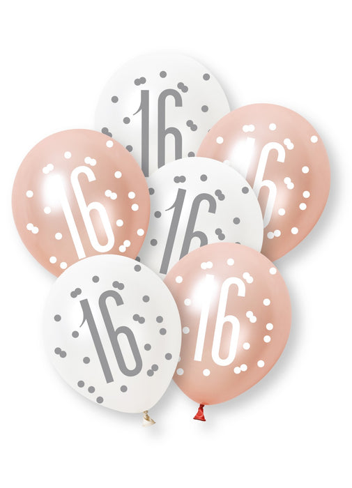 Rose Gold Glitz 16th Birthday Latex Balloons 6pk