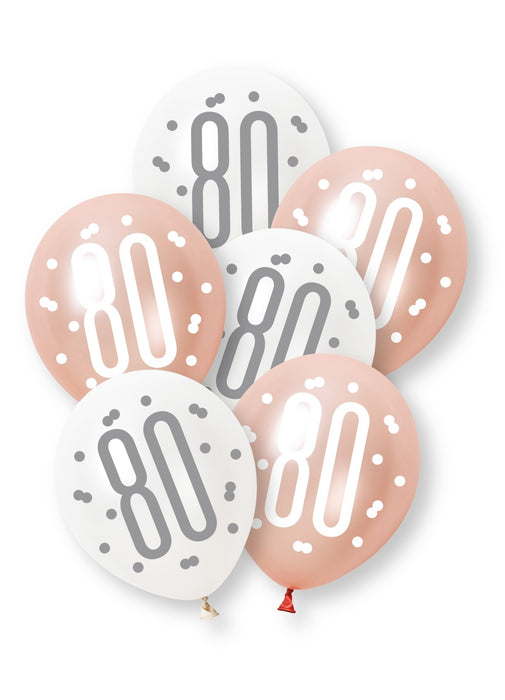 Rose Gold Glitz 80th Birthday Latex Balloons 6pk