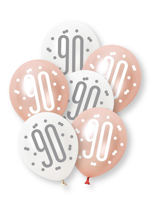 Rose Gold Glitz 90th Birthday Latex Balloons 6pk