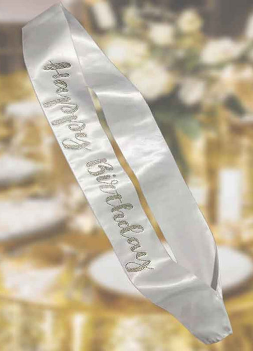 White Gold Diamante Birthday Sash