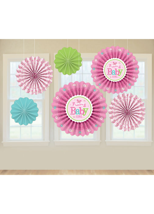 Welcome Baby Girl Paper Fan Decorations 6pk