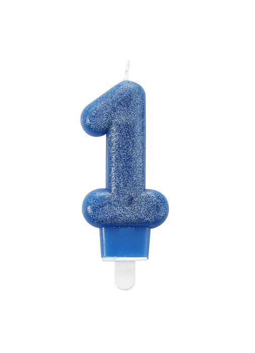 Number 1 Blue Glitter Candle